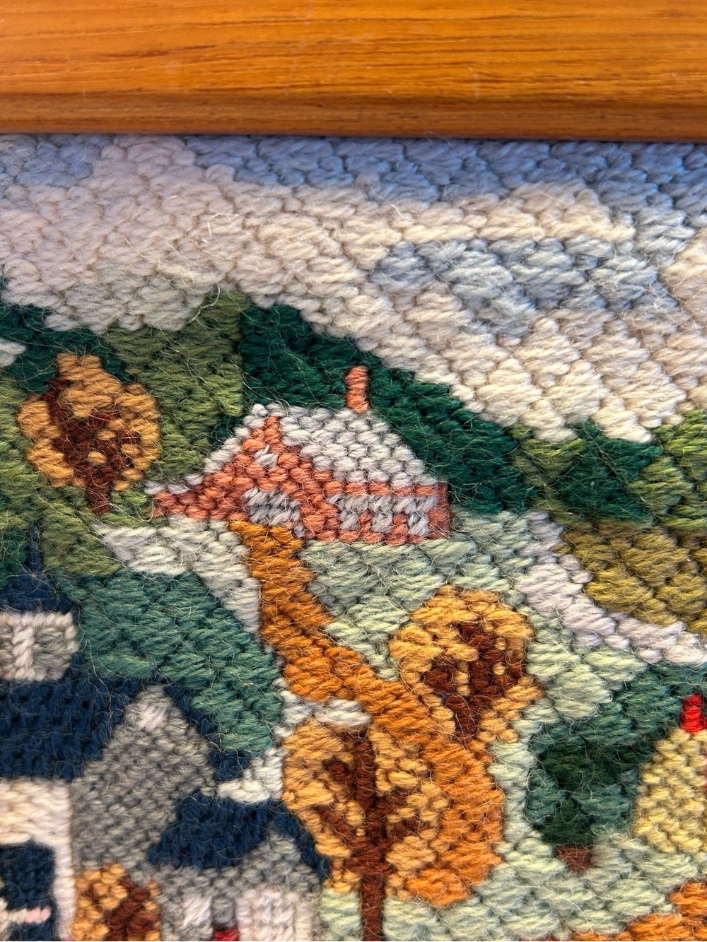Vintage Handcrafted Hooked Rug Wall Art - Countryside Scene. Teak wood frame - Picture 7 of 12